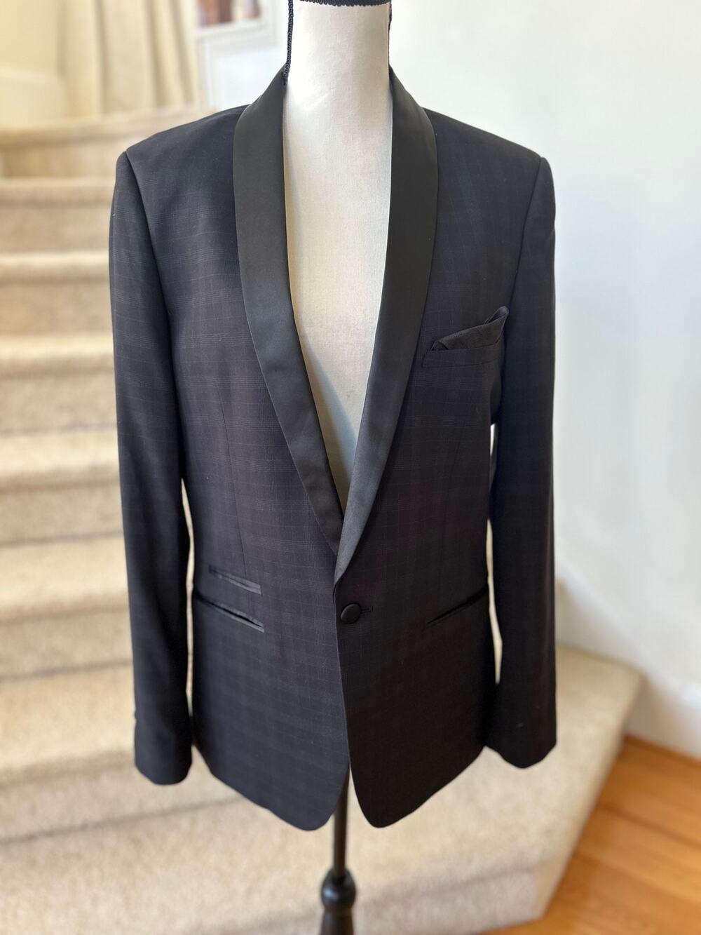 Paisley & Grey Black Plaid & Satin Shawl Collar Single Button Blazer